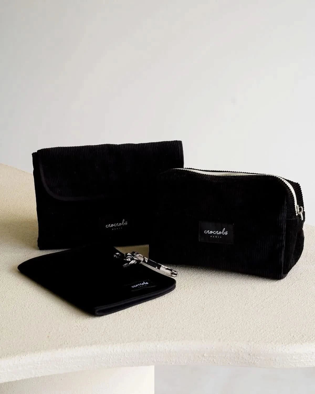 Pack trio accessoires pour sac à langer Noah - Velours noir - Crocrobo Paris