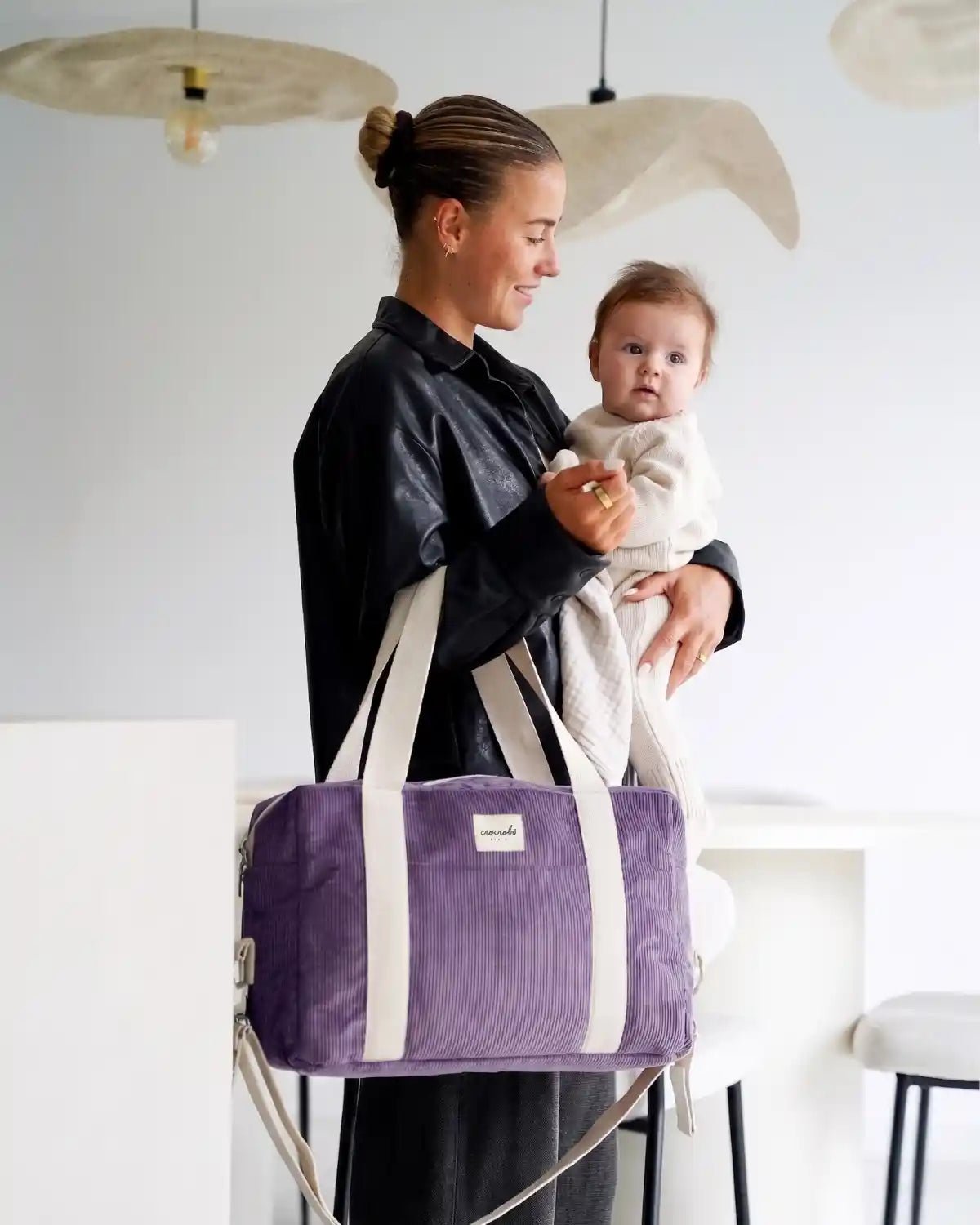 Sac à langer bébé velours côtelé lilas Noah - Crocrobo Paris